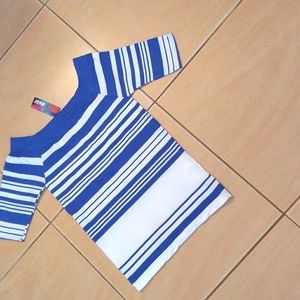 Dressy, stretchy shirt with blue & white stripes.